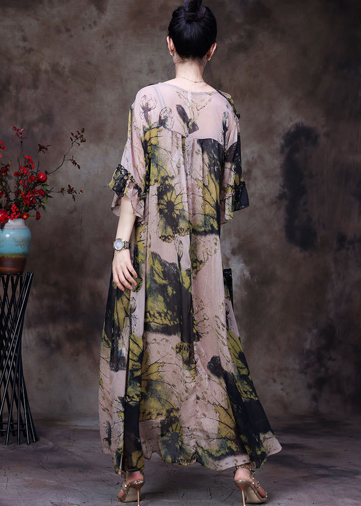 Natural Yellow V Neck Print Chiffon Long Dress and Cotton Spaghetti Strap Dress Sets 2 Pieces Half Sleeve