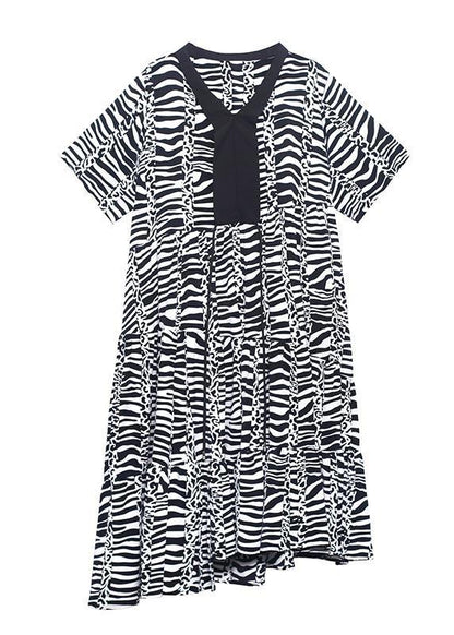 Natural Zebra Pattern V Neck Cotton Asymmetrical Design Summer Maxi Dress