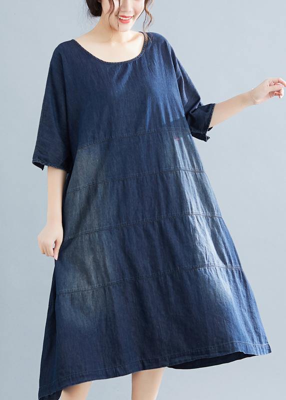 Natural Denim Blue Cotton Outfit 18th Century Catwalk O Neck Midi Summer Dresses