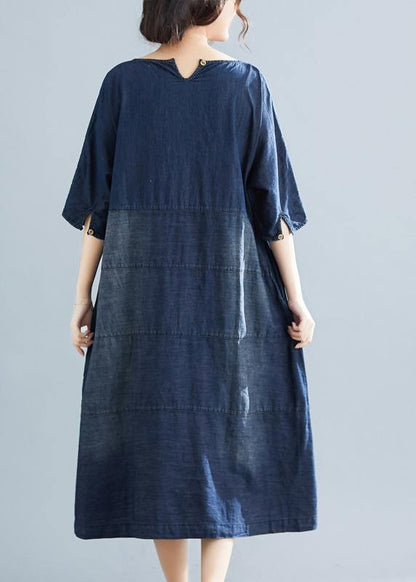 Natural Denim Blue Cotton Outfit 18th Century Catwalk O Neck Midi Summer Dresses