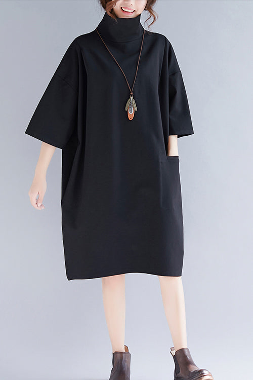 Natural High Neck Half Sleeve Knit Dresses Mom Knit Black Baggy Dress Spring
