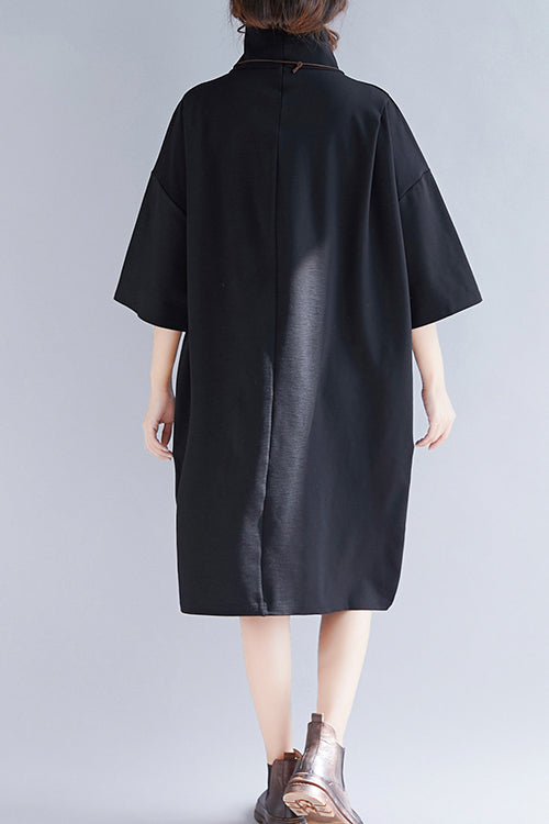 Natural High Neck Half Sleeve Knit Dresses Mom Knit Black Baggy Dress Spring