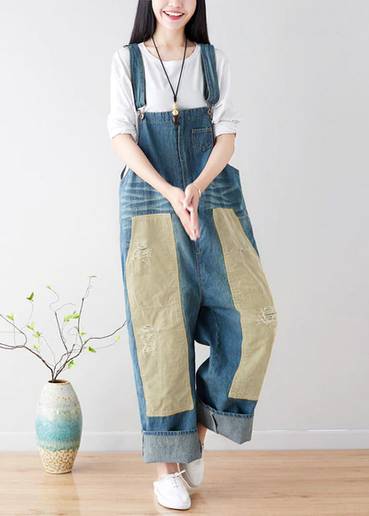 Natural Blue Pockets Patchwork Denim Jumpsuits Spring