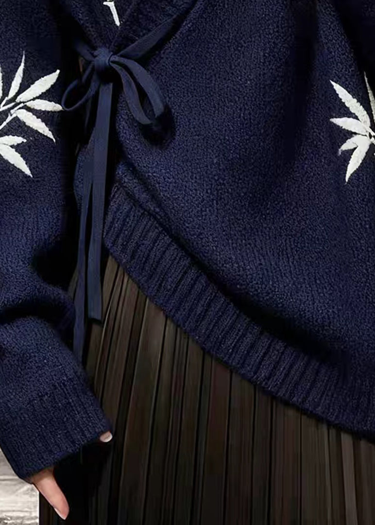 Navy Bamboo Print Lace Up Knit Sweaters V Neck Spring