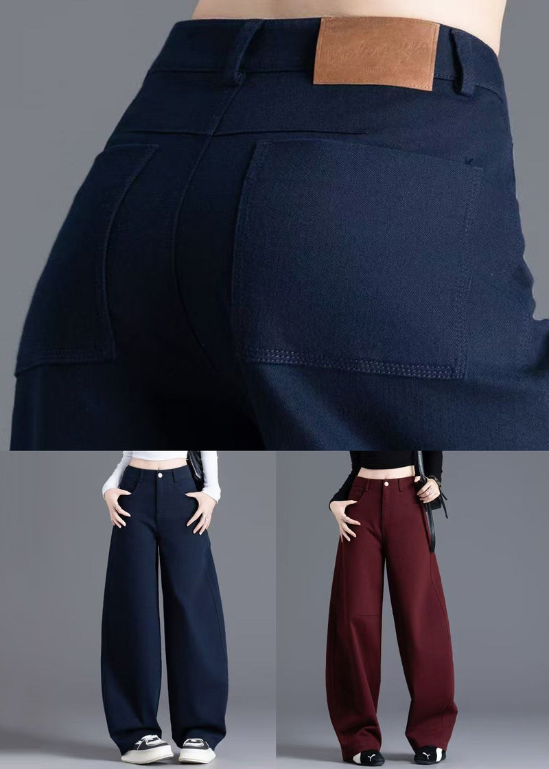 Navy Button Pockets Denim Wide Leg Pants High Waist