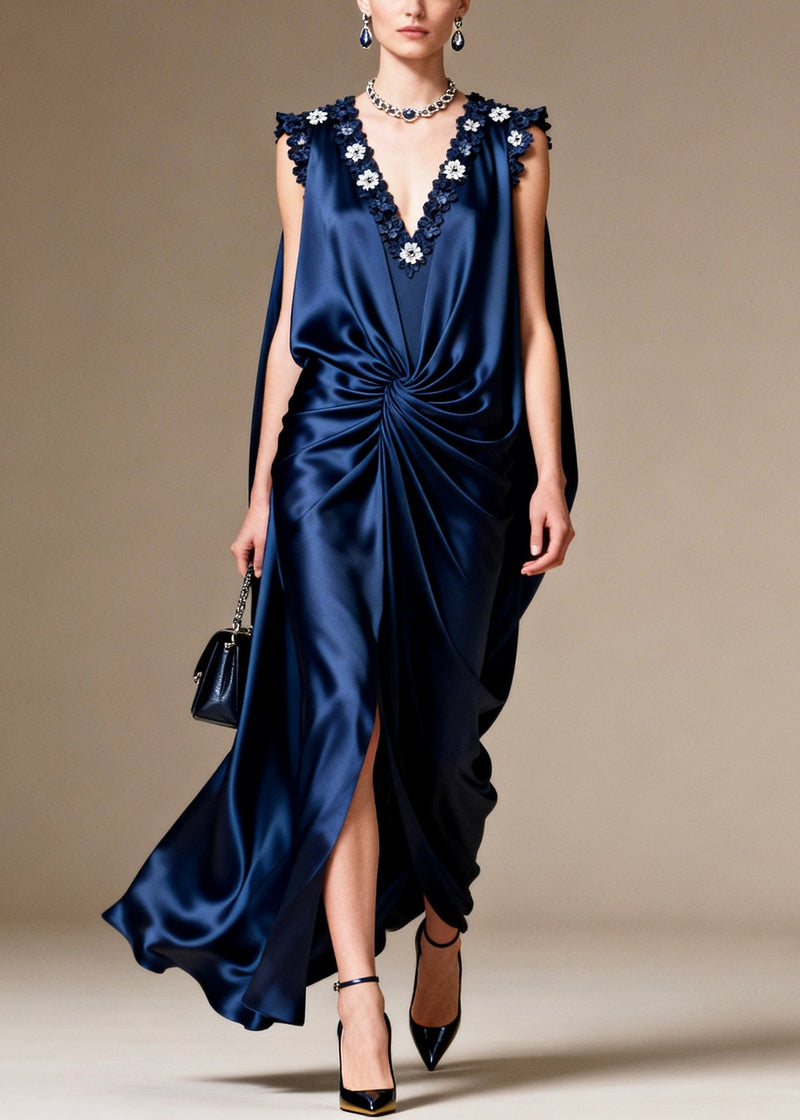 Navy Silk Long Dress Asymmetrical Design Sleeveless