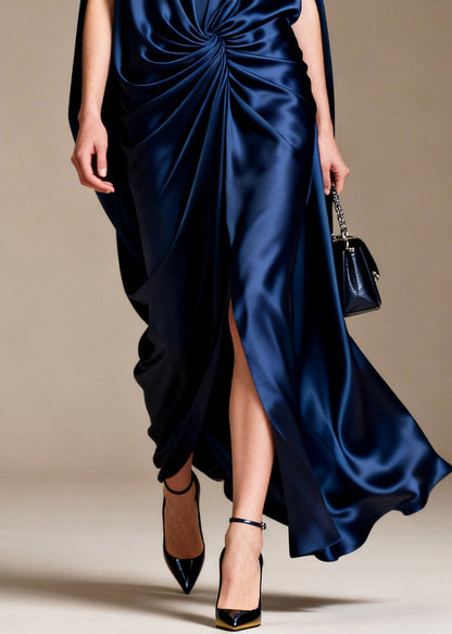Navy Silk Long Dress Asymmetrical Design Sleeveless