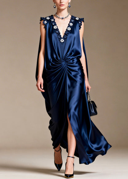 Navy Silk Long Dress Asymmetrical Design Sleeveless