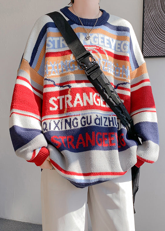 Navy Letter Patchwork Knit Sweater O Neck Winter