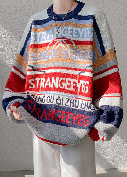 Navy Letter Patchwork Knit Sweater O Neck Winter