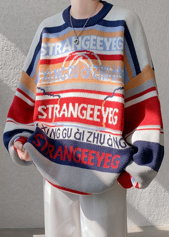 Navy Letter Patchwork Knit Sweater O Neck Winter