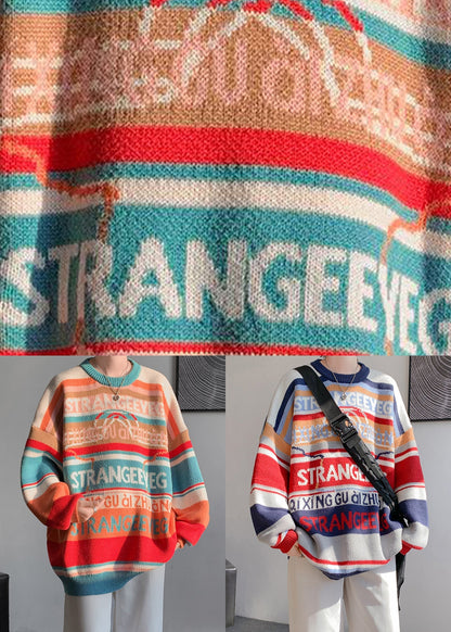 Navy Letter Patchwork Knit Sweater O Neck Winter