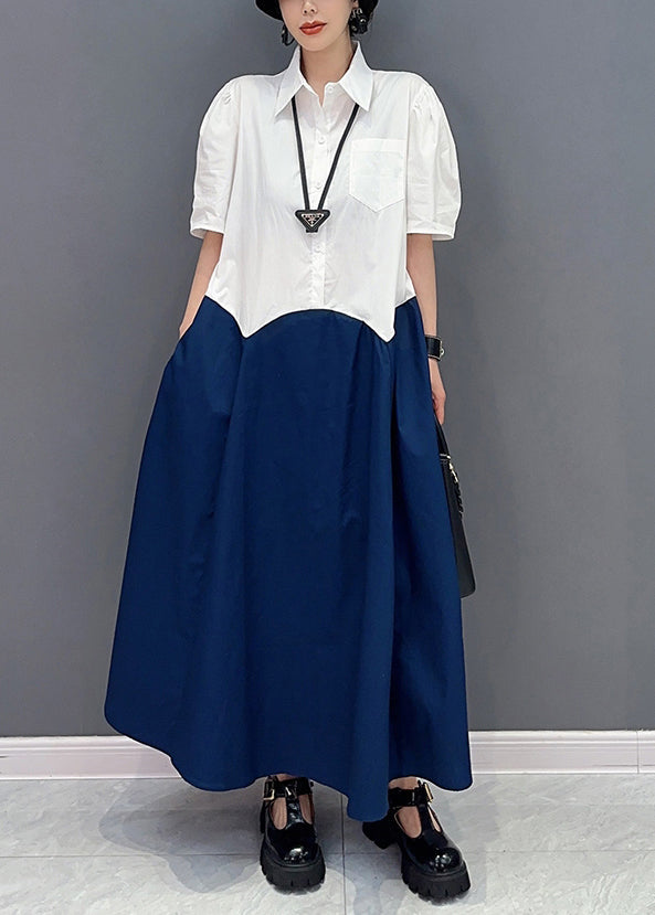 Navy Patchwork Cotton a Line Dress Slim Fit Summer