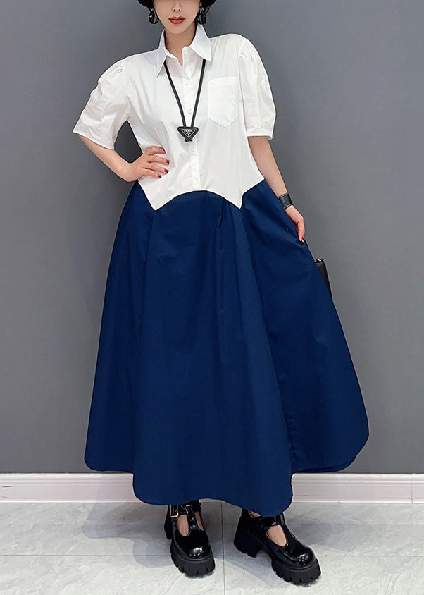 Navy Patchwork Cotton a Line Dress Slim Fit Summer