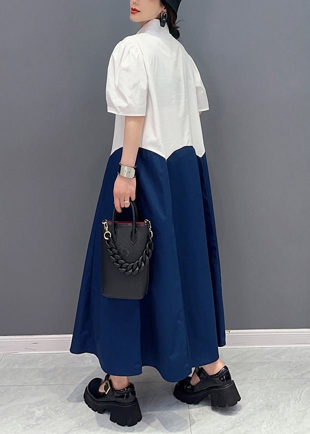 Navy Patchwork Cotton a Line Dress Slim Fit Summer
