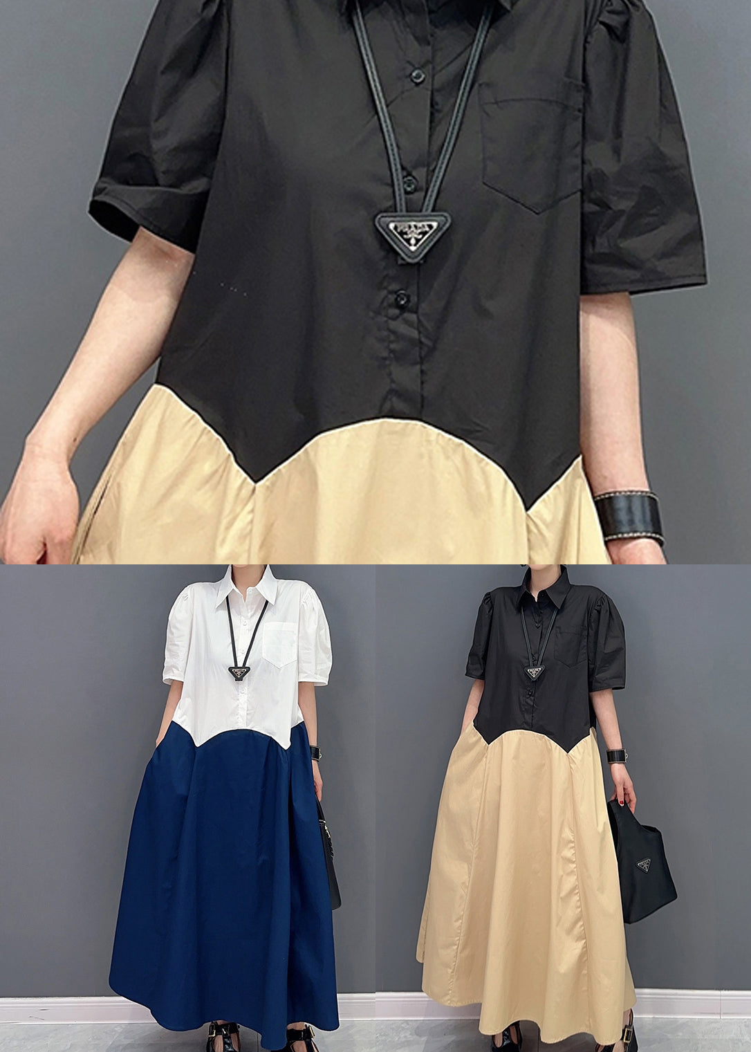 Navy Patchwork Cotton a Line Dress Slim Fit Summer
