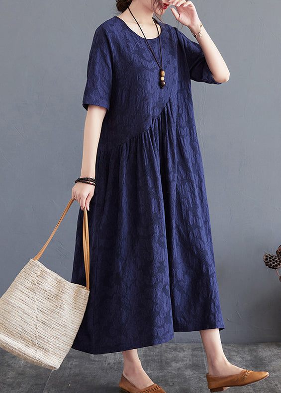 Navy Patchwork Cotton Dresses O-neck Wrinkled Summer