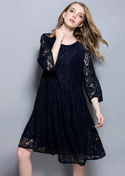 Navy Patchwork Lace a Line Dress O-neck Oversized Summer