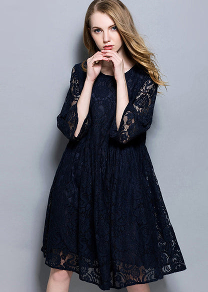 Navy Patchwork Lace a Line Dress O-neck Oversized Summer
