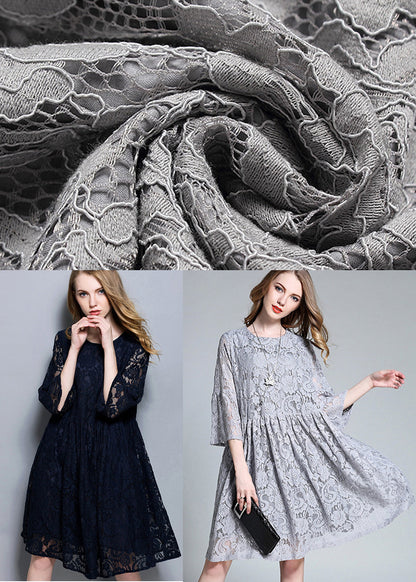 Navy Patchwork Lace a Line Dress O-neck Oversized Summer