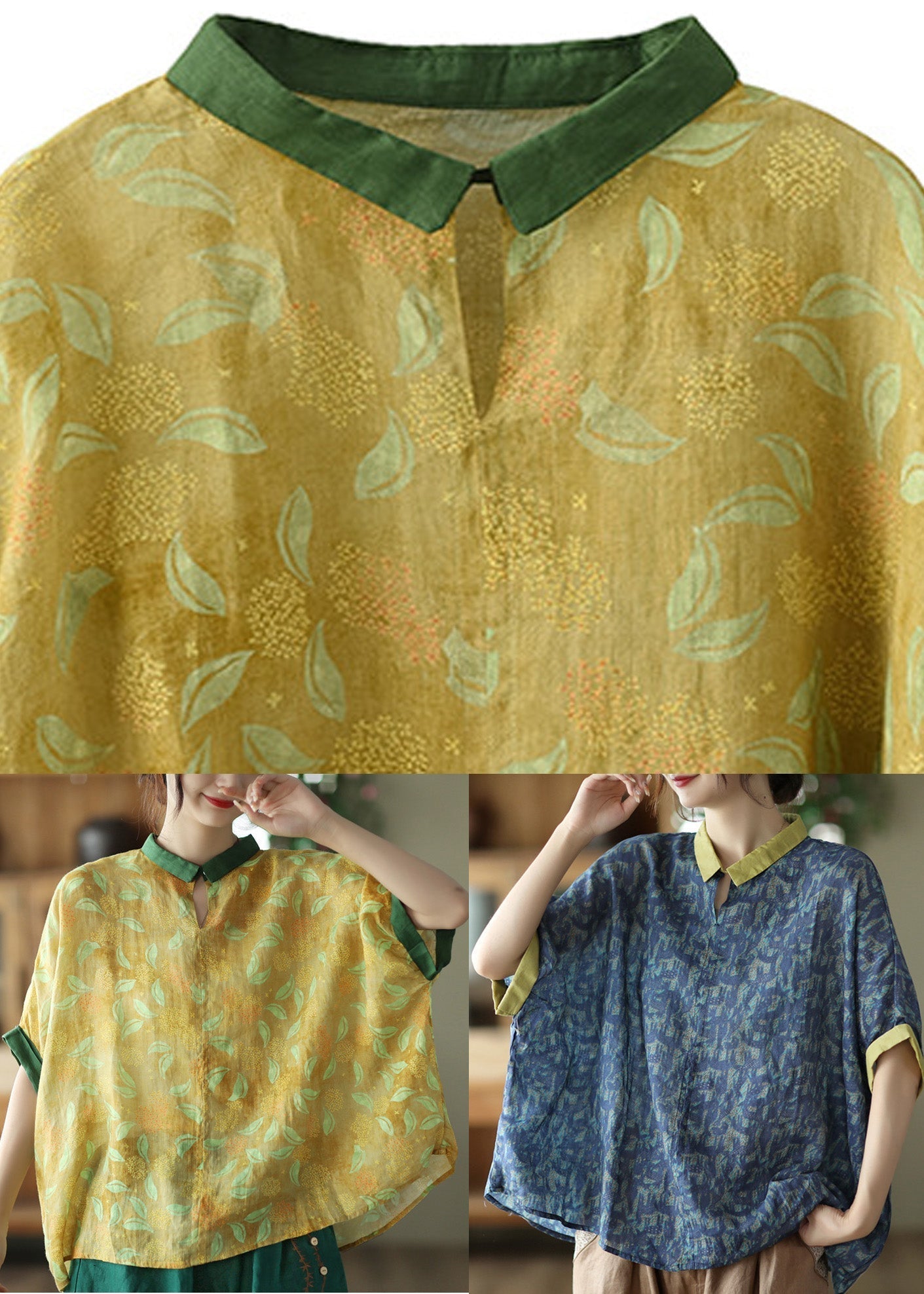 Navy Peter Pan Collar Print Ramie Top Summer