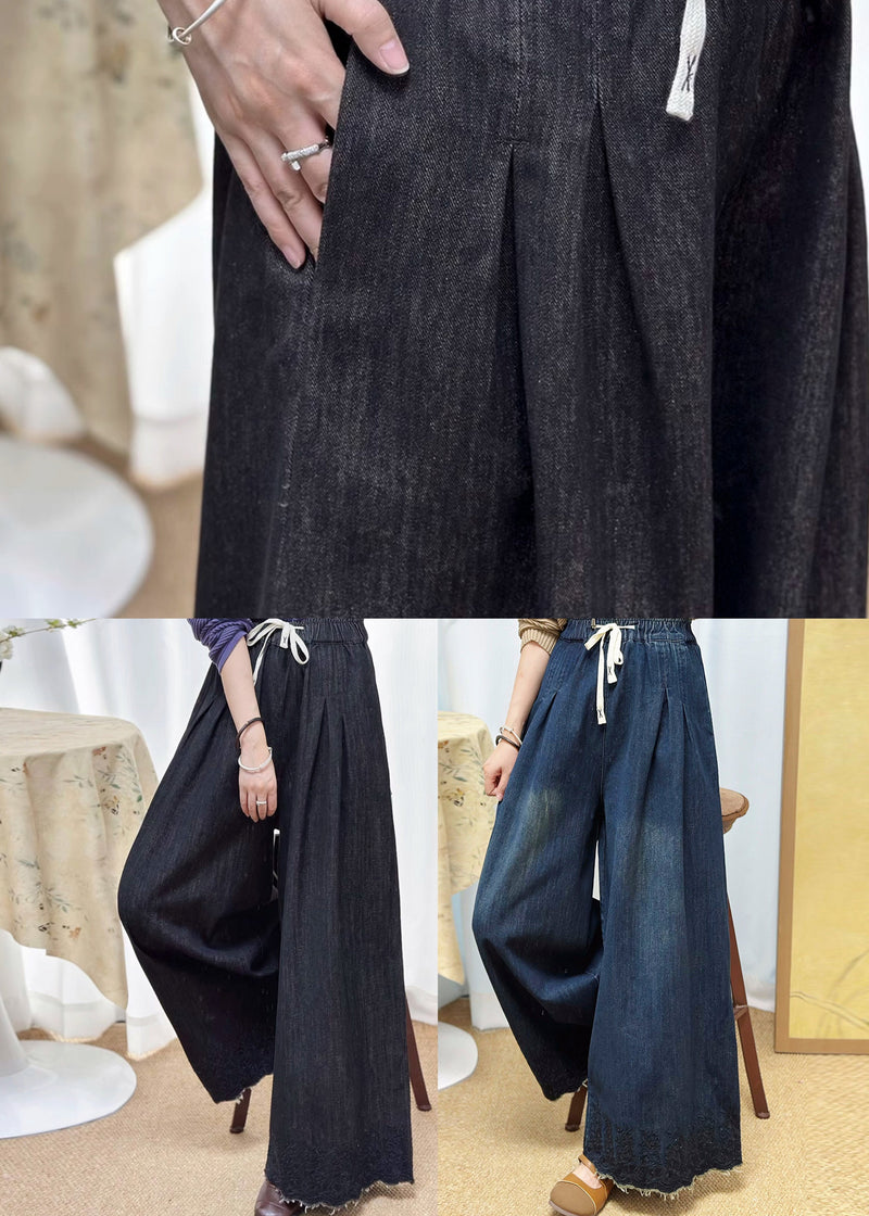 Navy Pockets Denim Wide Leg Pants Embroidered Fall