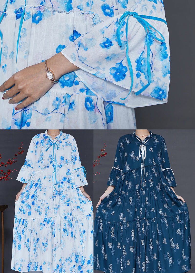 Navy Print Cotton Holiday Dresses Exra Large Hem Summer