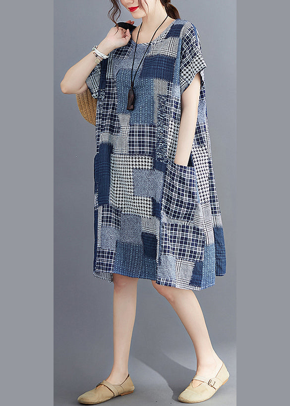 Navy Print Cotton Long Dress O-neck Pockets Summer