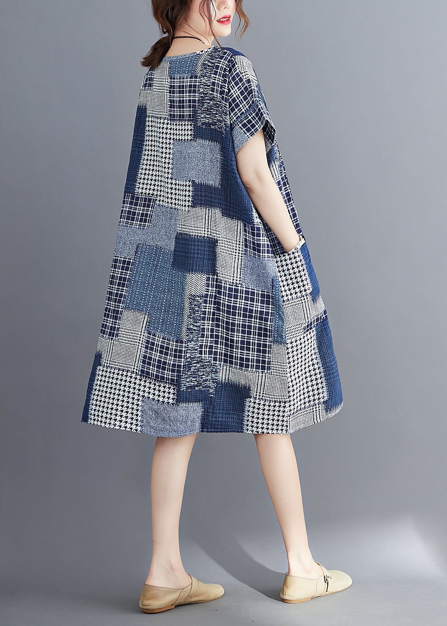 Navy Print Cotton Long Dress O-neck Pockets Summer