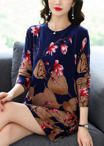 Navy Print Cozy Knit Mid Dress O-neck Long Sleeve