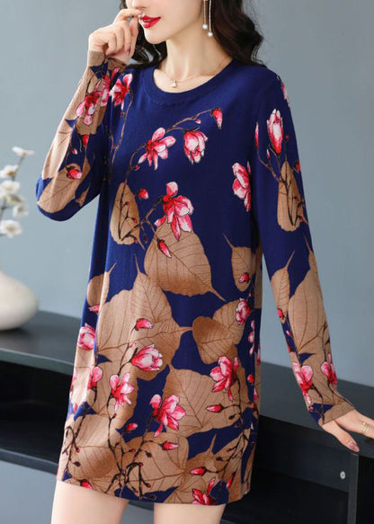 Navy Print Cozy Knit Mid Dress O-neck Long Sleeve
