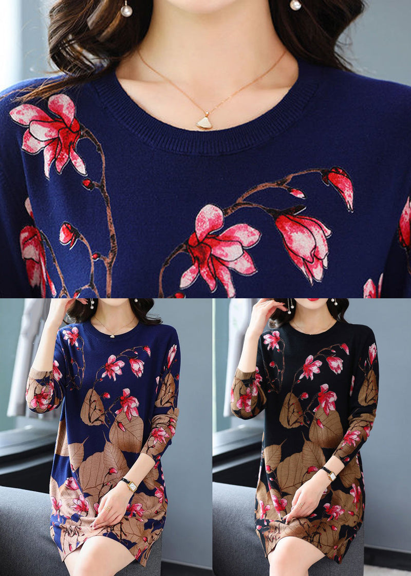 Navy Print Cozy Knit Mid Dress O-neck Long Sleeve