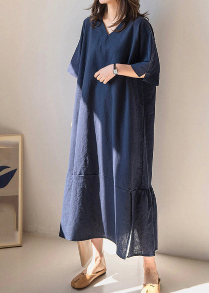 Navy Side Open Long Dresses Short Sleeve