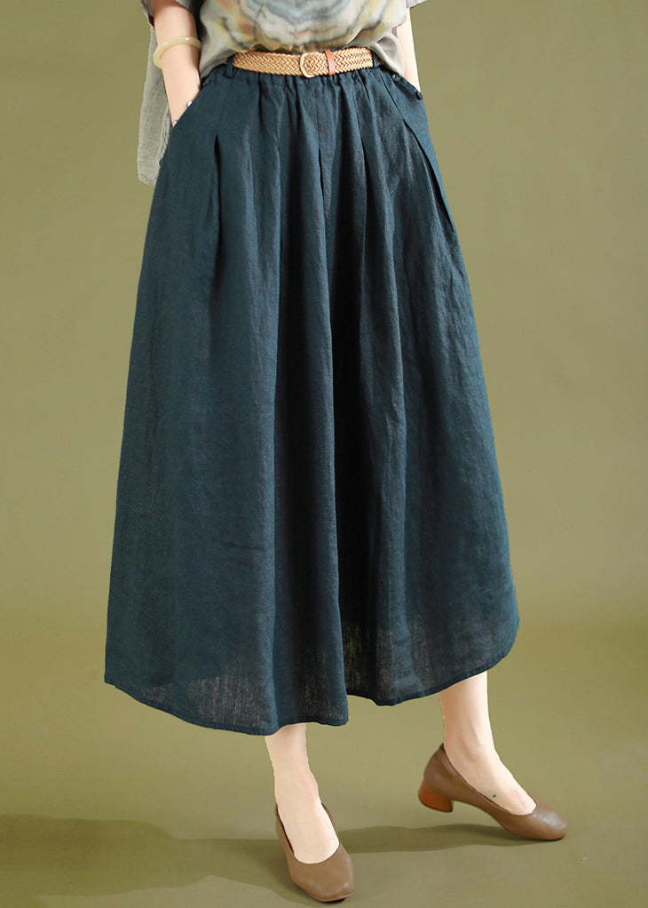 Navy Wrinkled Linen Skirts Elastic Waist Summer