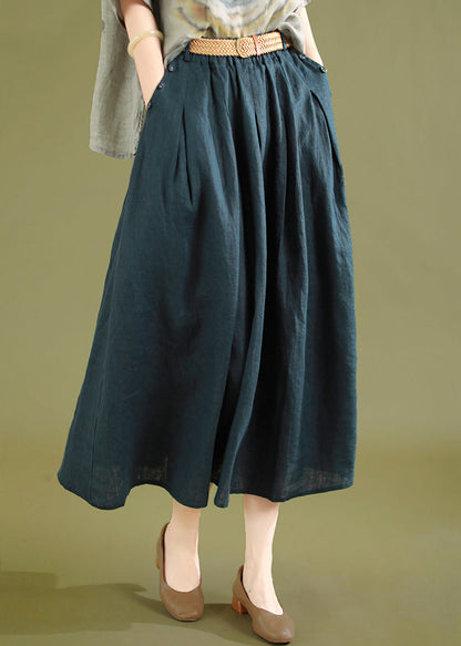 Navy Wrinkled Linen Skirts Elastic Waist Summer