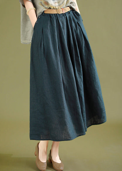 Navy Wrinkled Linen Skirts Elastic Waist Summer