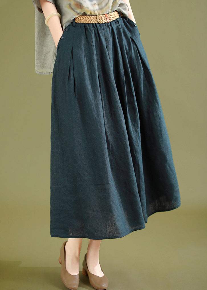 Navy Wrinkled Linen Skirts Elastic Waist Summer