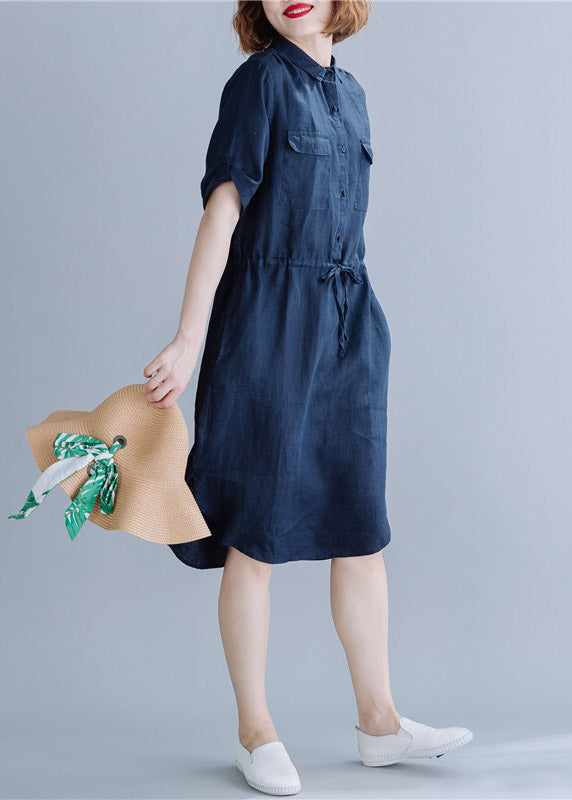 Navy Side Open Button Pockets Shirt Dress Short Sleeve