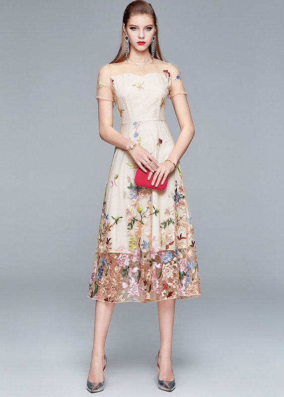 New Apricot O-neck Embroideried Patchwork Tulle Long Dress Summer