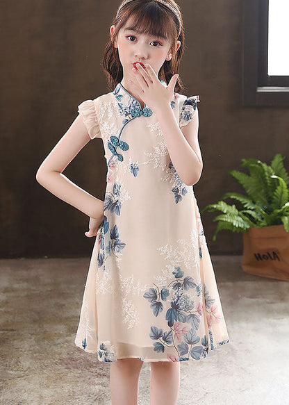 New Apricot Ruffled Print Chinese Button Patchwork Chiffon Baby Dresses Summer