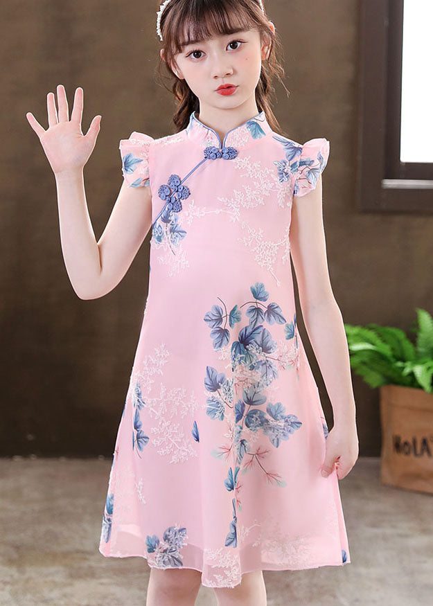 New Apricot Ruffled Print Chinese Button Patchwork Chiffon Baby Dresses Summer