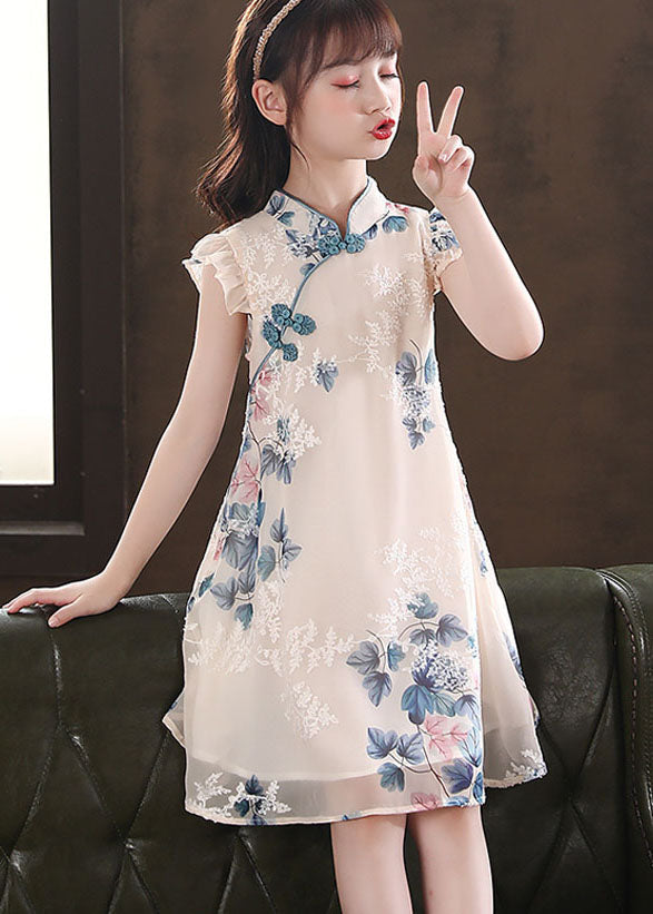 New Apricot Ruffled Print Chinese Button Patchwork Chiffon Baby Dresses Summer