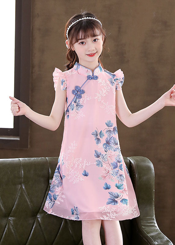 New Apricot Ruffled Print Chinese Button Patchwork Chiffon Baby Dresses Summer