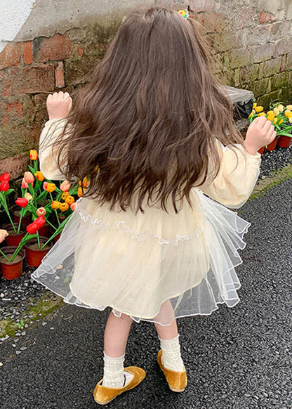 New Apricot Ruffled Tulle Mid Dresses Long Sleeve