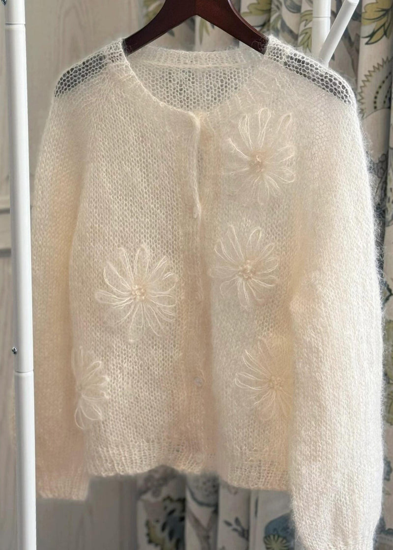 New Beige O Neck Mohair Knitted Cardigans Fall