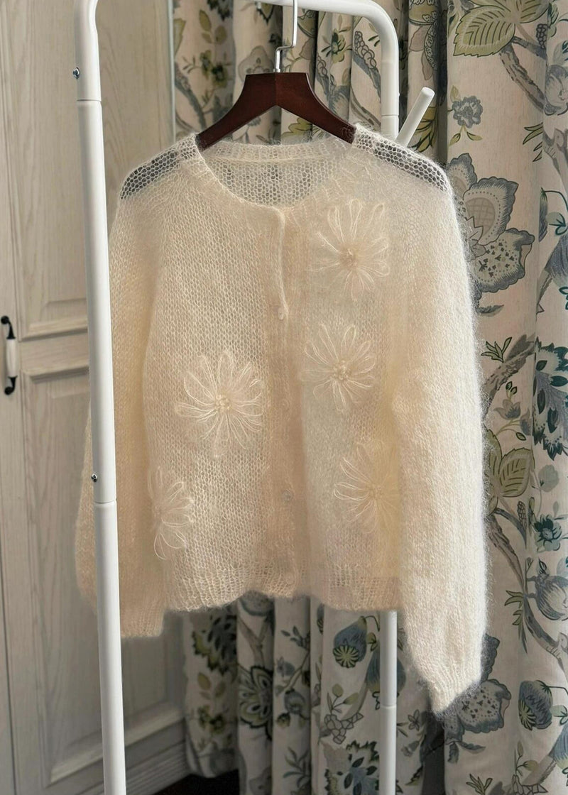 New Beige O Neck Mohair Knitted Cardigans Fall