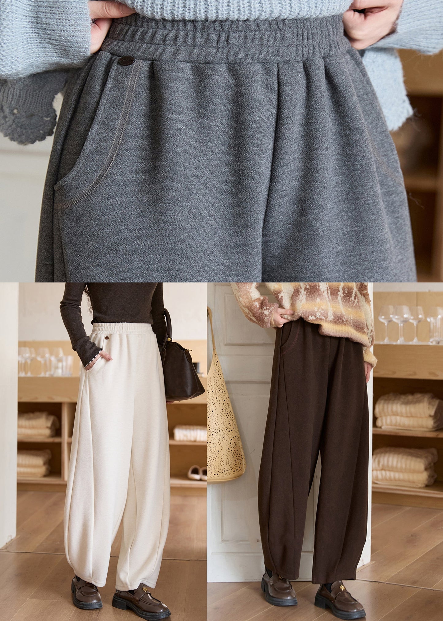 New Beige Pockets Elastic Waist Woolen Pants Winter