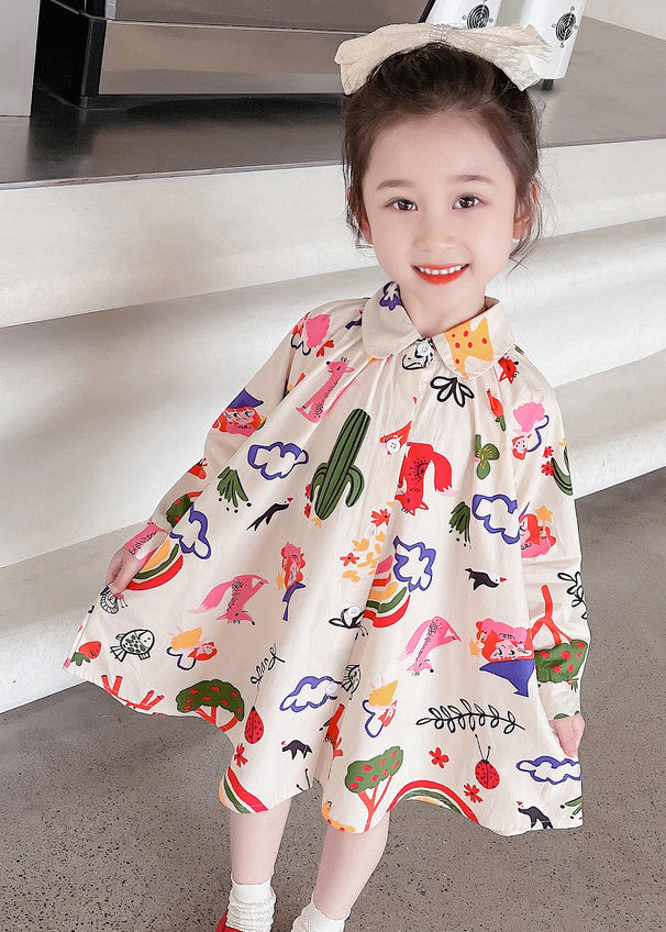 New Beige Print Button Mid Dress Long Sleeve
