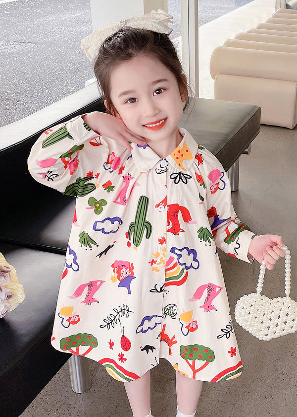 New Beige Print Button Mid Dress Long Sleeve