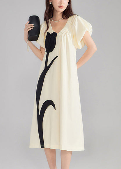 New Beige V Neck Print Cotton Dresses Summer